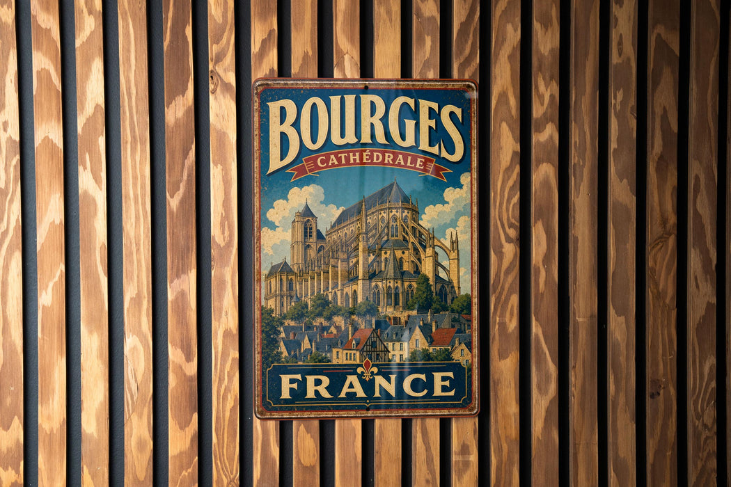 A vintage metal sign with the text "BOURGES CATHEDRAL FRANCE" is displayed on a wooden wall.