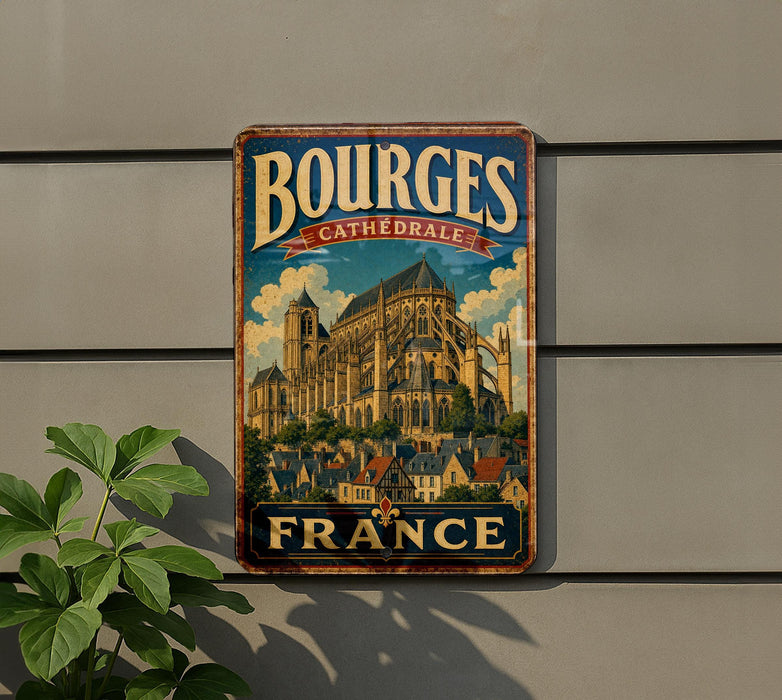 A vintage metal sign with the word "BOURGES" and "CATHEDRAL FRANCE" on it, featuring an illustration of a cathedral.