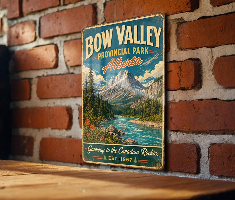 A vintage-style metal sign for Bow Valley Provincial Park, Alberta, featuring a scenic mountain landscape with a river and pine trees.