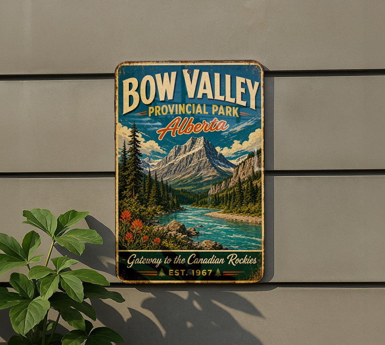 A vintage-style metal sign for Bow Valley Provincial Park, Alberta, featuring a scenic mountain landscape with a river and pine trees.