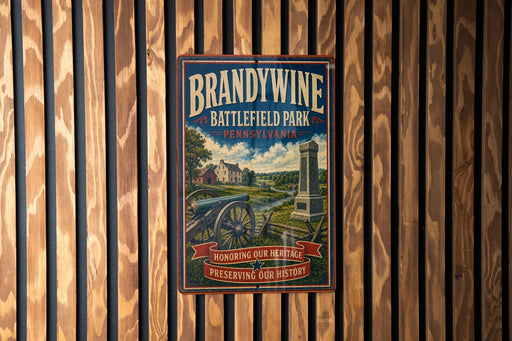 A vintage-style metal sign for Brandywine Battlefield Park in Pennsylvania, featuring an illustration of a cannon and a monument, mounted on a wooden wall.