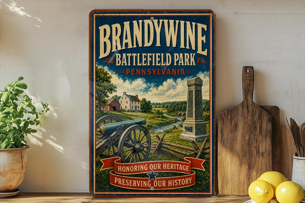 A vintage-style poster for Brandywine Battlefield Park in Pennsylvania, featuring a cannon, a monument, and a rural landscape.