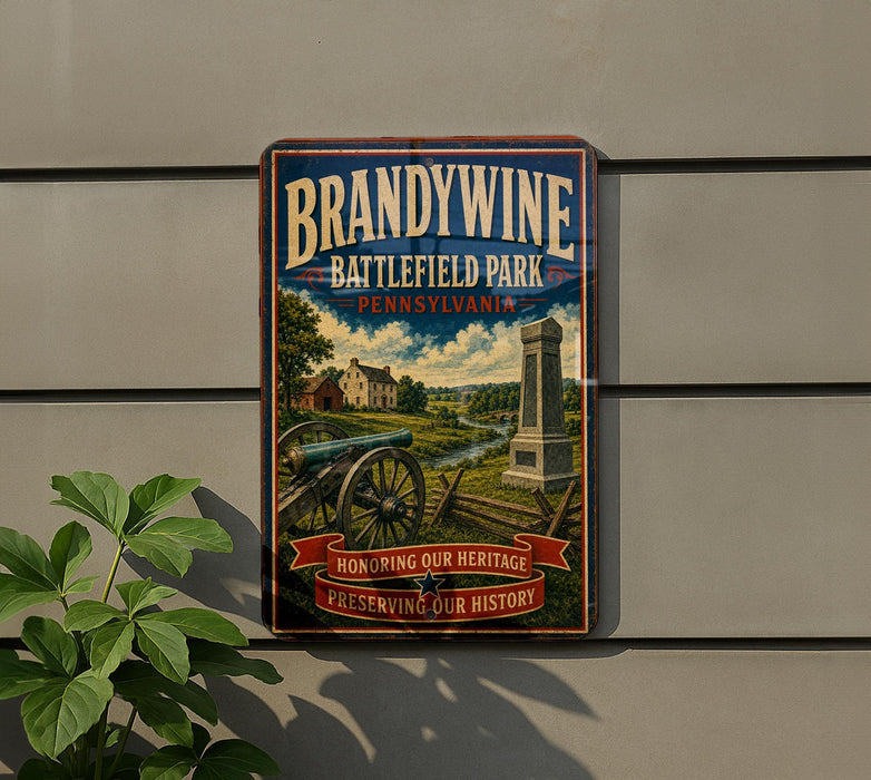 A vintage metal sign for Brandywine Battlefield Park in Pennsylvania, featuring a cannon and a banner that reads "Honoring Our Heritage Preserving Our History".