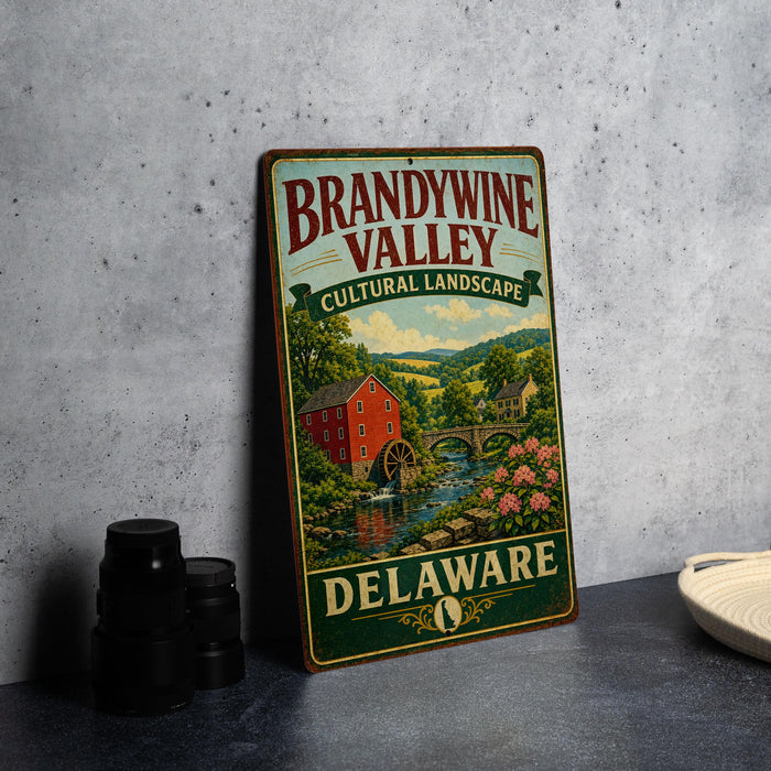 A vintage metal sign for Brandywine Valley, featuring a scenic illustration of a river, buildings, and a bridge, with the text "Brandywine Valley Cultural Landscape Delaware" on it.