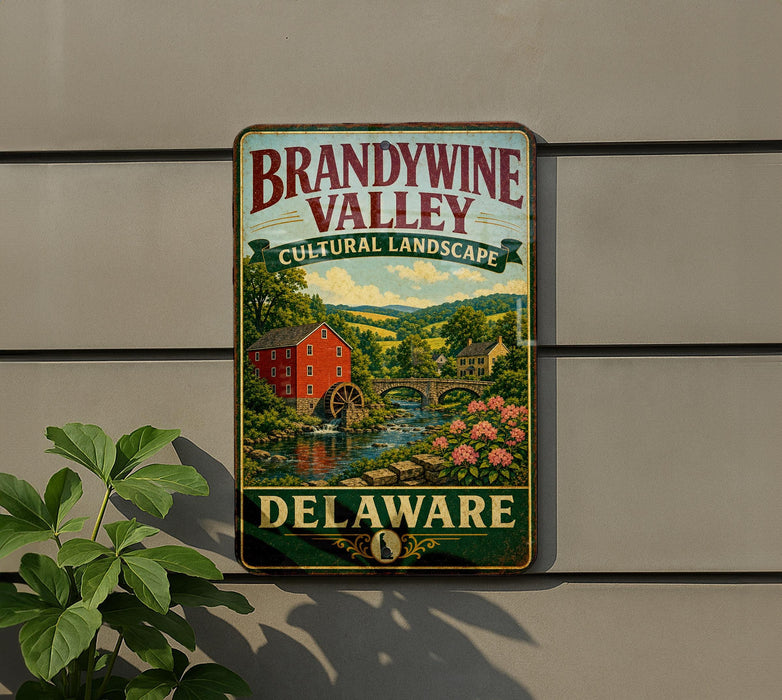 A vintage-style metal sign for Brandywine Valley, featuring a scenic landscape with a red brick building, a mill, and a river with a bridge.