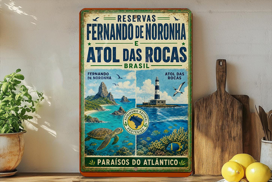 a vintage-style poster advertising the Fernanda de Noronha and Atol das Rocas in Brazil, with a collage of tropical island images and a lighthouse.