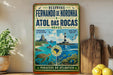a vintage-style poster advertising the Fernanda de Noronha and Atol das Rocas in Brazil, with a collage of tropical island images and a lighthouse.