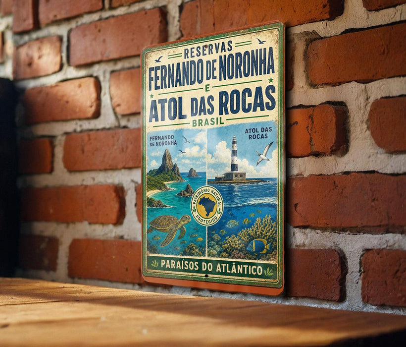 a vintage-style metal sign with a brick wall backdrop, depicting a tropical beach scene with a lighthouse and palm trees.