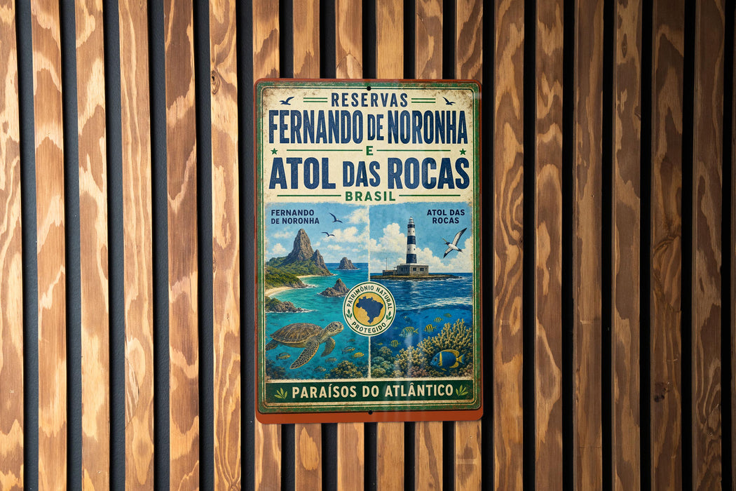 a vintage-style metal sign with a tropical beach scene, including a lighthouse, palm trees, and a blue ocean.