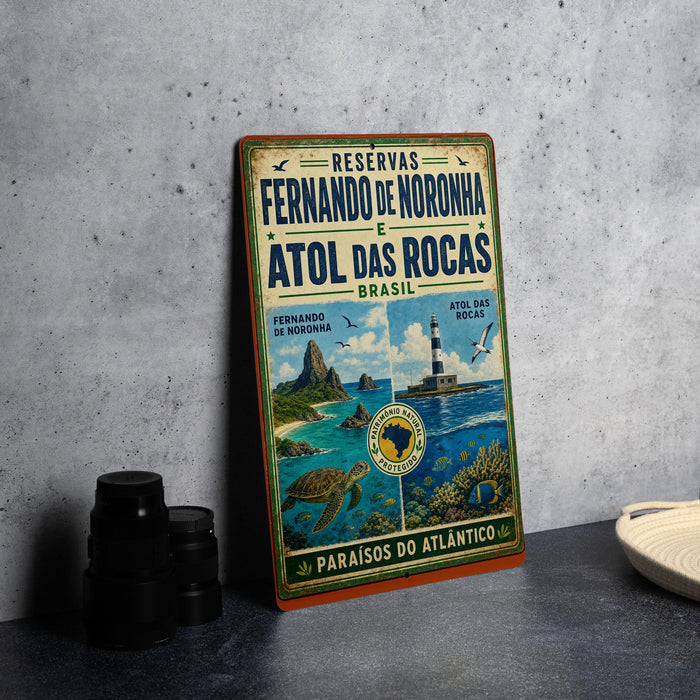 a vintage-style metal sign with a tropical beach scene, including a lighthouse, palm trees, and a blue sky with clouds.