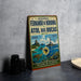 a vintage-style metal sign with a tropical beach scene, including a lighthouse, palm trees, and a blue sky with clouds.