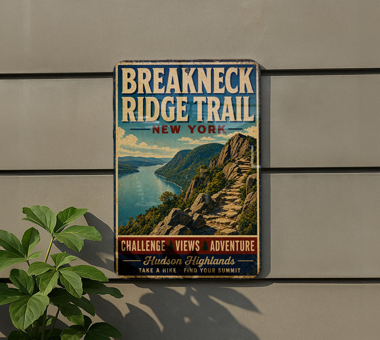 A vintage-style metal sign for the Breakneck Ridge Trail in New York, featuring a scenic mountain landscape with a winding trail and the text "BREAKKNACK RIDGE TRAIL NEW YORK CHALLENGE VIEWS ADVENTURE Hudson Highlands TAKE A HIKE FIND YOUR SUMMIT".