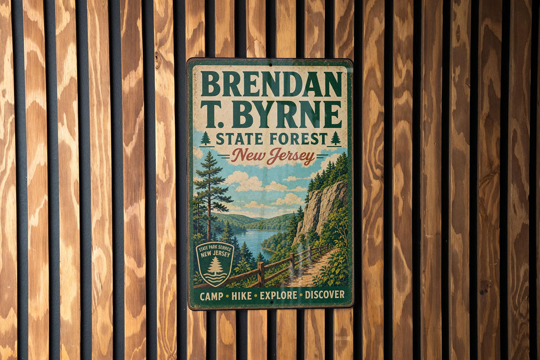 A vintage metal sign for Brendan T. Byrne State Forest in New Jersey, featuring a scenic illustration of a forest and a lake.