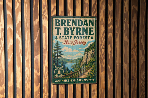 A vintage metal sign for Brendan T. Byrne State Forest in New Jersey, featuring a scenic illustration of a forest and a lake.