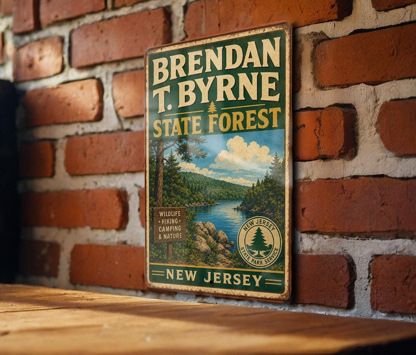 A vintage metal sign for Brendan Byrne State Forest in New Jersey, featuring a scenic landscape with a river and pine trees.