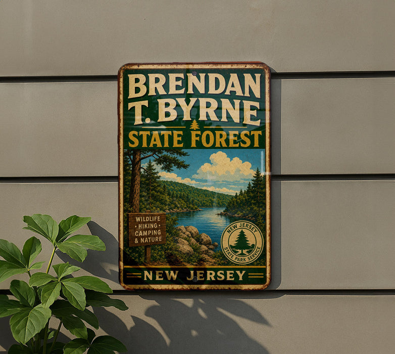 A vintage metal sign for Brendan T. Byrne State Forest in New Jersey, featuring a scenic landscape with a river, pine trees, and wildlife.