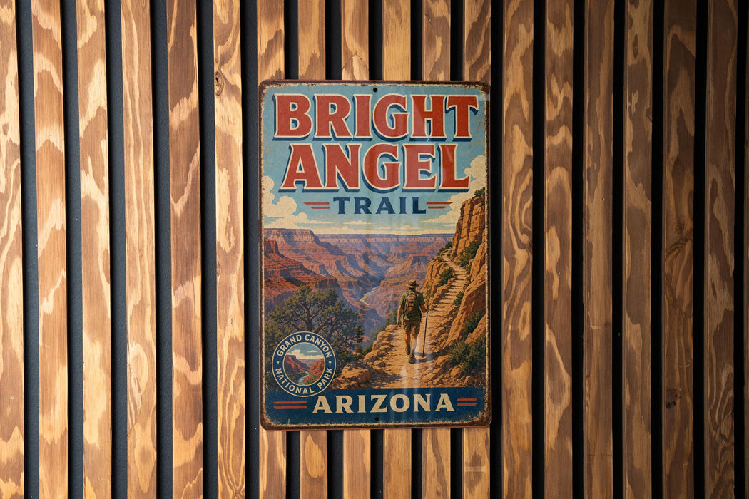 A vintage metal sign for the Bright Angel Trail in Arizona, featuring a scenic illustration of a hiker on a trail surrounded by mountains.