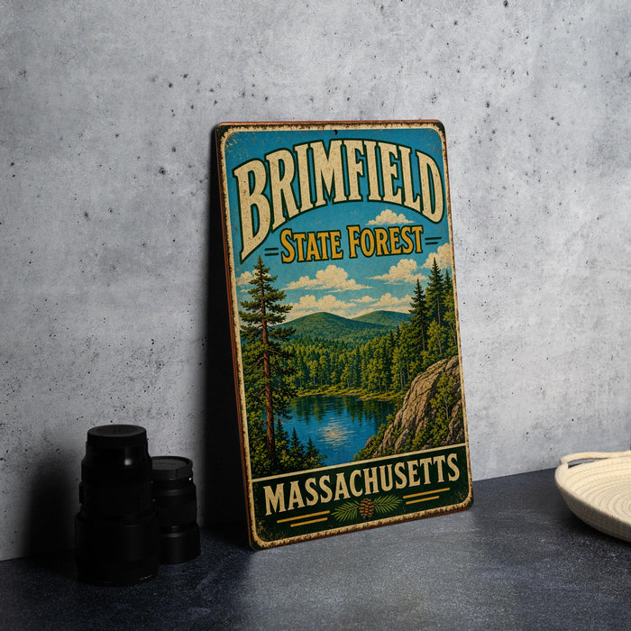 A vintage metal sign for the Brimfield State Forest in Massachusetts, featuring a scenic landscape with pine trees, a lake, and mountains.