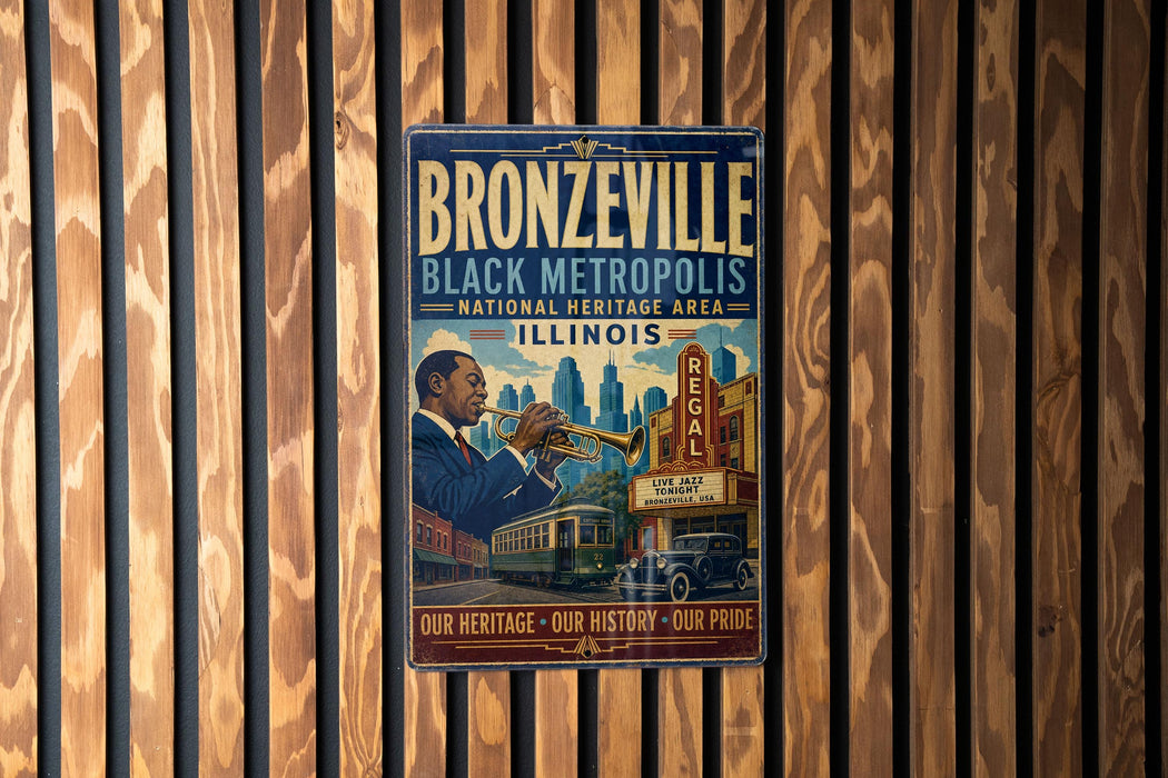 A vintage poster of Bronzeville, Illinois, featuring a man playing a trumpet and surrounded by a cityscape.