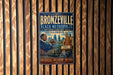 A vintage poster of Bronzeville, Illinois, featuring a man playing a trumpet and surrounded by a cityscape.