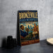 A vintage poster of Bronzeville, Illinois, featuring a man playing a trumpet and surrounded by a cityscape.