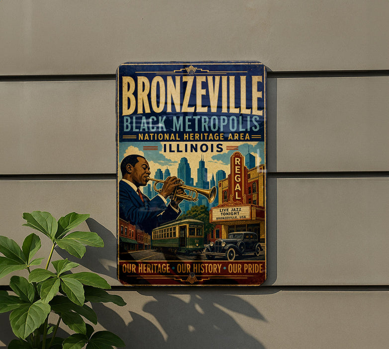 A vintage-style poster advertising Bronzeville, Illinois, featuring a man playing a trumpet and a cityscape background.