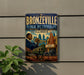 A vintage-style poster advertising Bronzeville, Illinois, featuring a man playing a trumpet and a cityscape background.