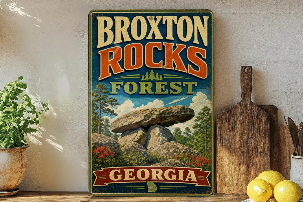 A vintage-style sign for the Broxton Rocks Forest in Georgia, featuring a scenic landscape with a large rock formation and surrounded by trees and flowers.