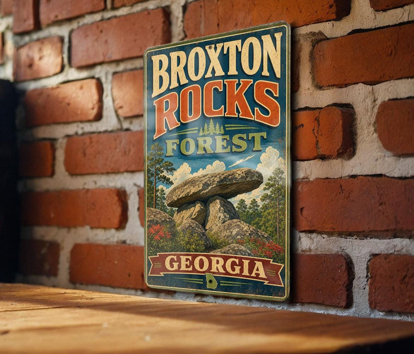 A vintage-style metal sign with the text "BROXTON ROCKS FOREST GEORGIA" is displayed on a brick wall.