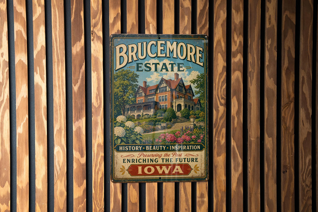 A vintage-style metal sign for the Brucemore Estate in Iowa, featuring a large illustration of a historic building surrounded by trees and flowers.
