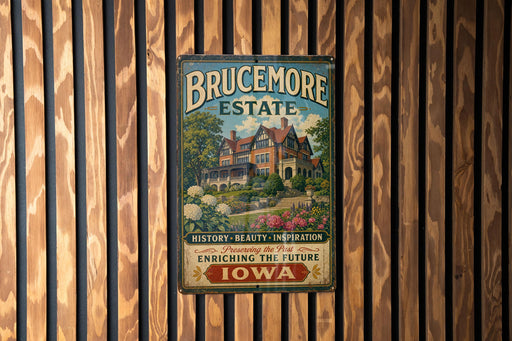 A vintage-style metal sign for the Brucemore Estate in Iowa, featuring a large illustration of a historic building surrounded by trees and flowers.