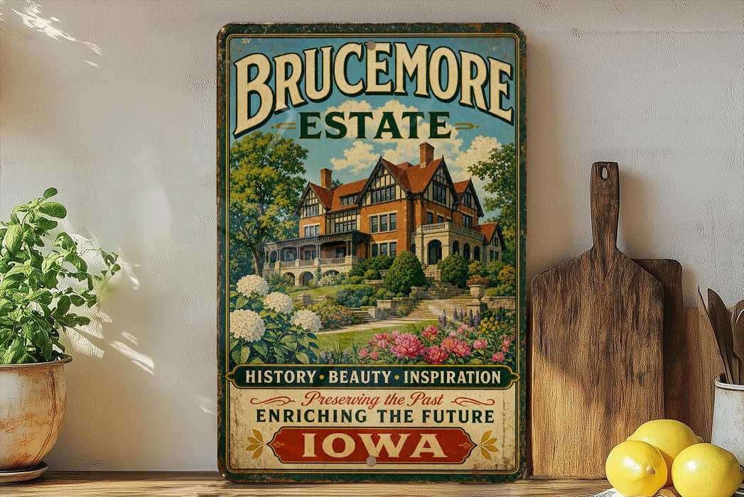 a vintage-style sign for "Brucemore Estate" with a large illustration of a house surrounded by flowers and greenery. The sign is displayed on a shelf next to a wooden cutting board and some potted plants.
