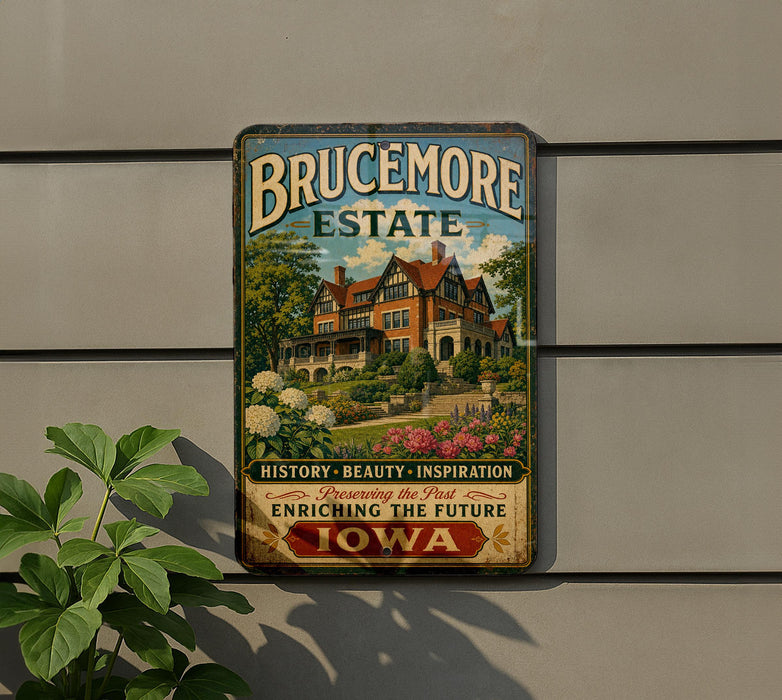 A vintage-style metal sign for Brucemore Estate in Iowa, featuring a large illustration of a historic mansion surrounded by lush gardens.
