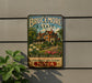A vintage-style metal sign for Brucemore Estate in Iowa, featuring a large illustration of a historic mansion surrounded by lush gardens.