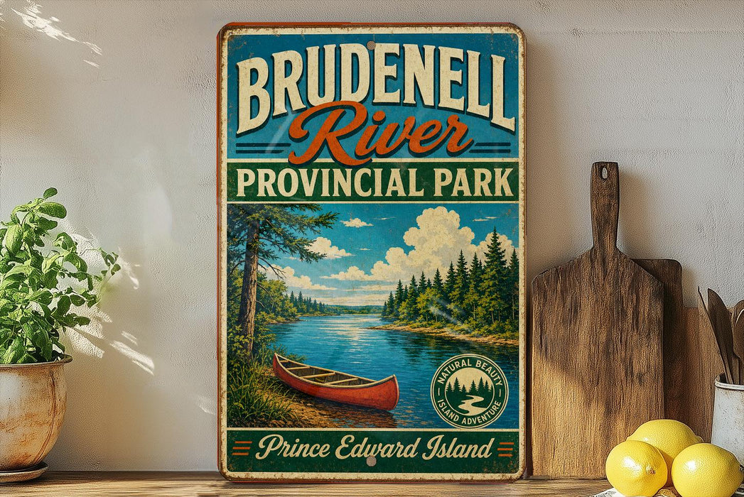 A vintage-style sign for Brudenzell River Provincial Park, featuring a canoe on a river surrounded by trees and mountains.