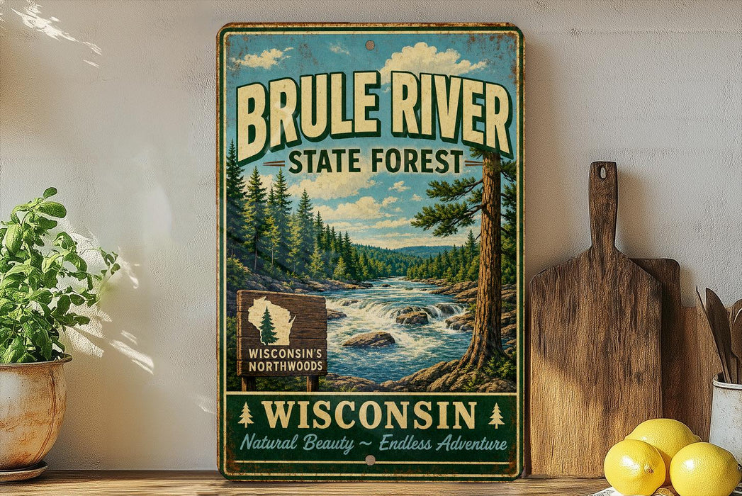 A vintage-style metal sign for the Brule River State Forest in Wisconsin, featuring a scenic illustration of the river surrounded by pine trees and mountains.