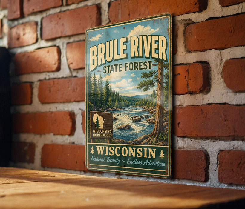 A vintage metal sign for the Brule River State Forest in Wisconsin, featuring a scenic illustration of the river surrounded by pine trees and mountains.