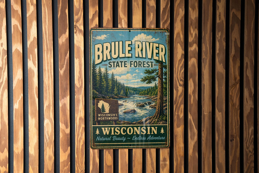 A vintage metal sign for the Brule River State Forest in Wisconsin, featuring a scenic landscape with a river, pine trees, and mountains.