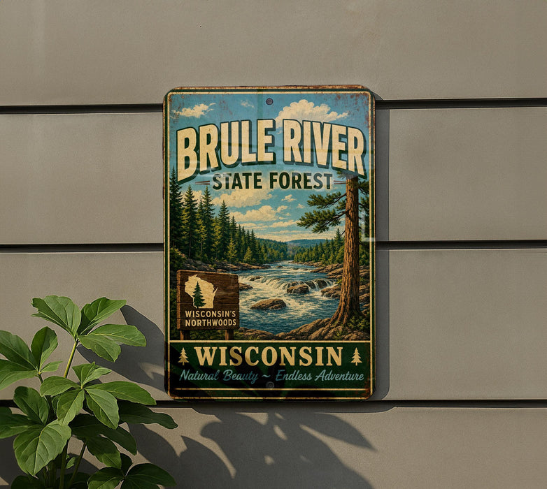 A vintage metal sign for the Brule River State Forest in Wisconsin, featuring a scenic illustration of the river surrounded by pine trees and a waterfall.
