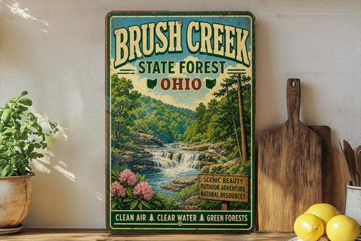 A vintage-style sign for Brush Creek State Forest in Ohio, featuring a scenic illustration of a waterfall surrounded by lush greenery and flowers.