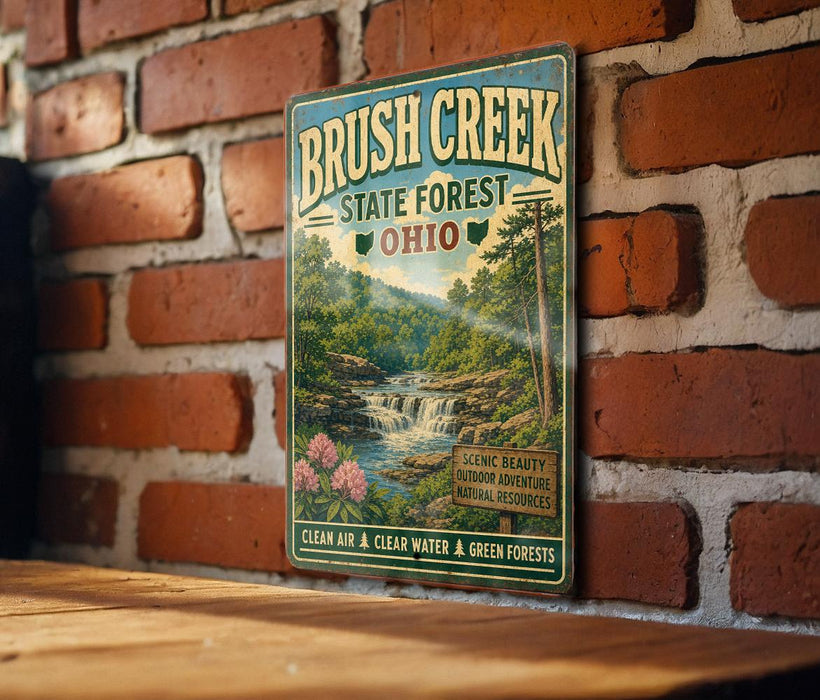 A vintage-style sign for Brush Creek State Forest in Ohio, featuring a scenic image of a waterfall surrounded by lush greenery and flowers.