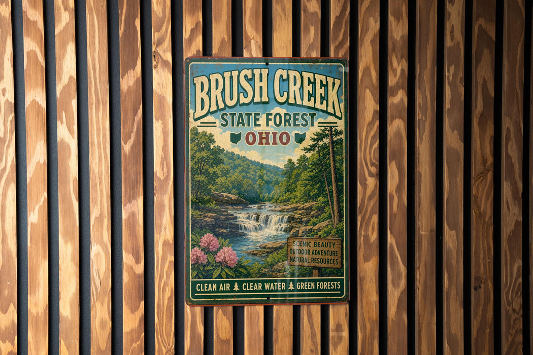A vintage metal sign for Brush Creek State Forest in Ohio, featuring a scenic image of a waterfall surrounded by lush greenery.