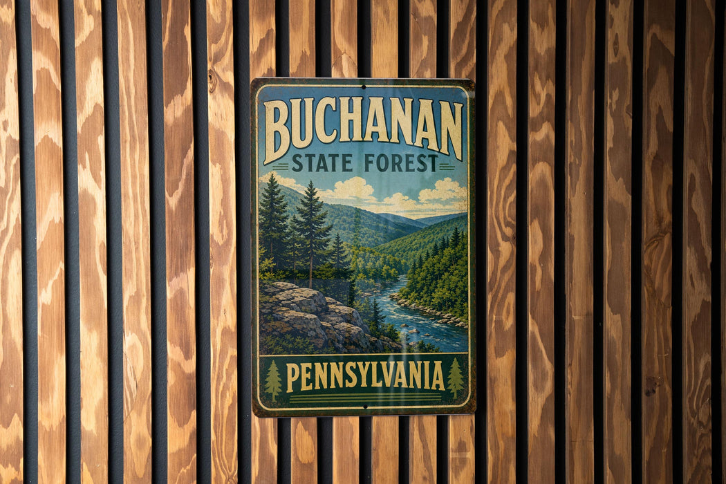 A vintage-style metal sign for the Bucchanan State Forest in Pennsylvania, featuring a scenic landscape with pine trees, mountains, and a river.