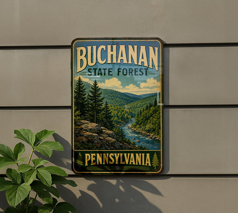 A vintage-style sign for the Bucanan State Forest in Pennsylvania, featuring a scenic landscape with pine trees, a river, and mountains.