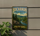 A vintage-style sign for the Bucanan State Forest in Pennsylvania, featuring a scenic landscape with pine trees, a river, and mountains.