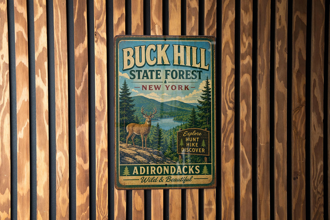 A vintage metal sign for Buck Hill State Forest in New York, featuring a deer and a mountain landscape.