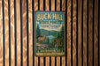A vintage metal sign for Buck Hill State Forest in New York, featuring a deer and a mountain landscape.