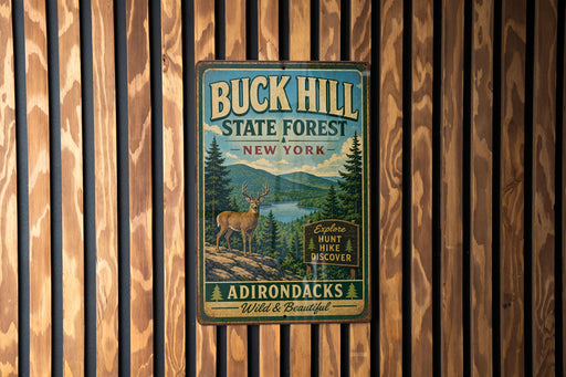 A vintage metal sign for Buck Hill State Forest in New York, featuring a deer and a mountain landscape.