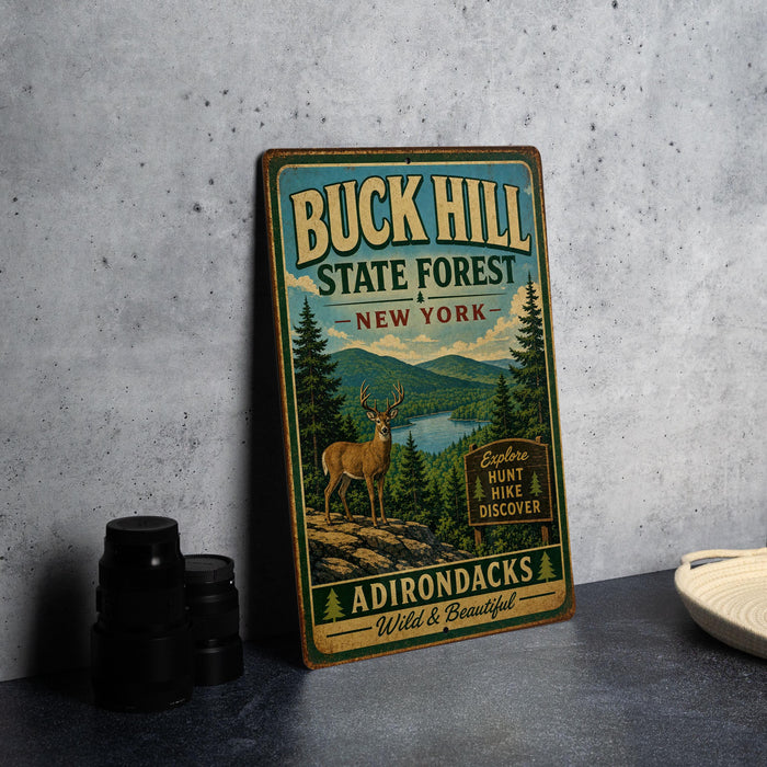 A vintage-style sign for Buck Hill State Forest in New York, featuring a deer and a mountain landscape.