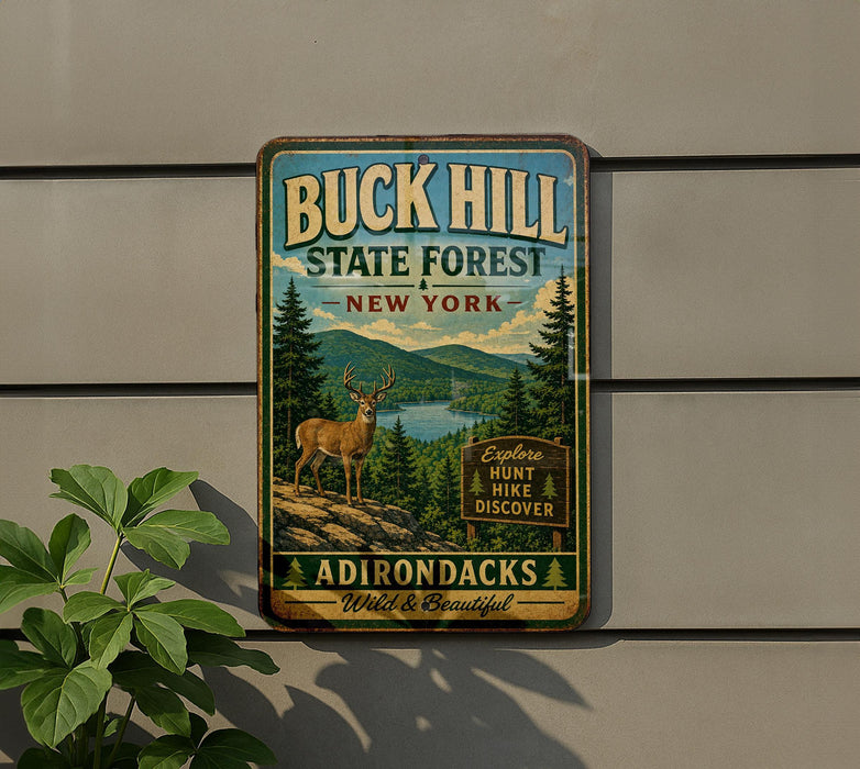 A vintage metal sign for Buck Hill State Forest in New York, featuring a deer and a mountain landscape.